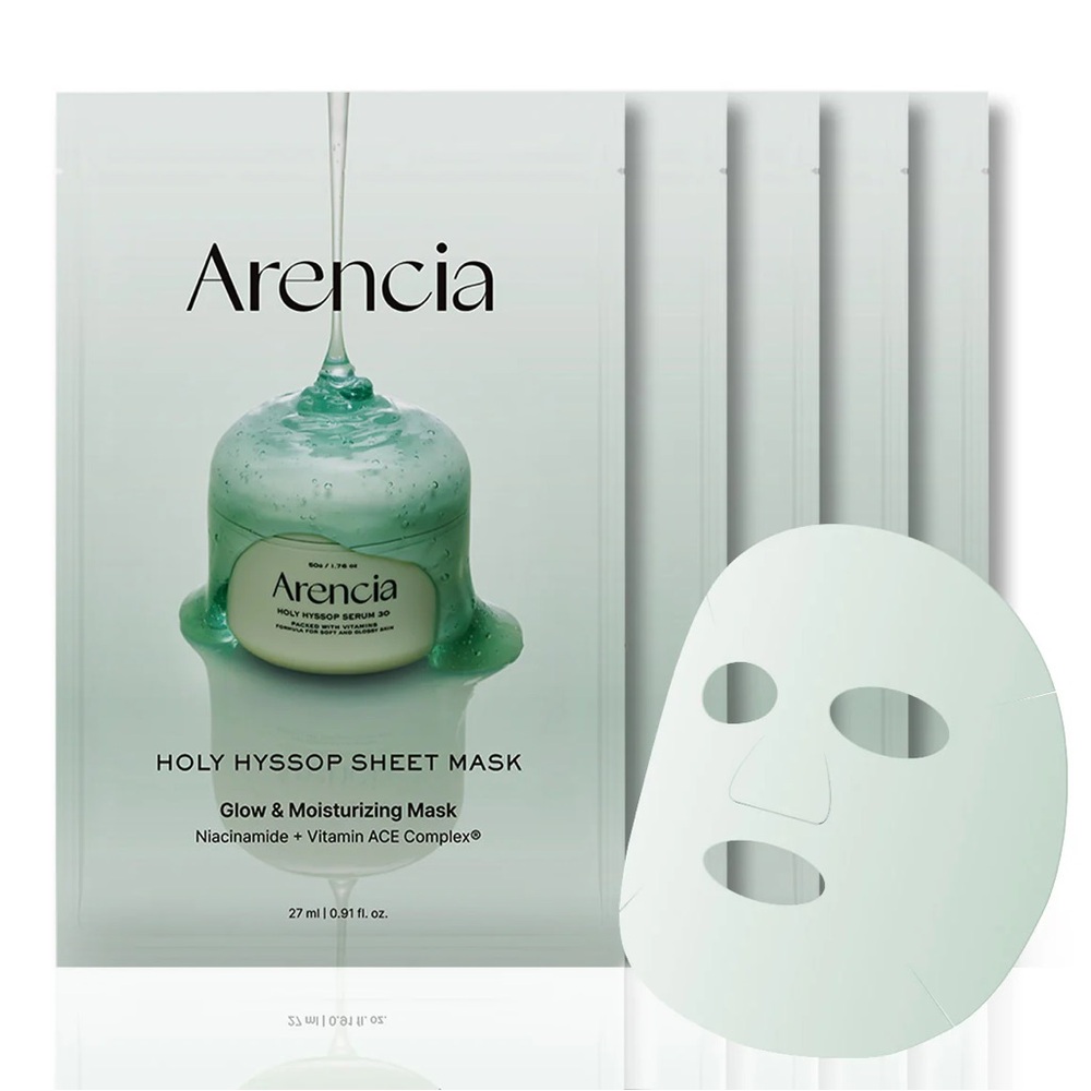 Arencia Holy Hyssop Sheet Mask Set- 5 pack, brightening, glass skin, hydrating